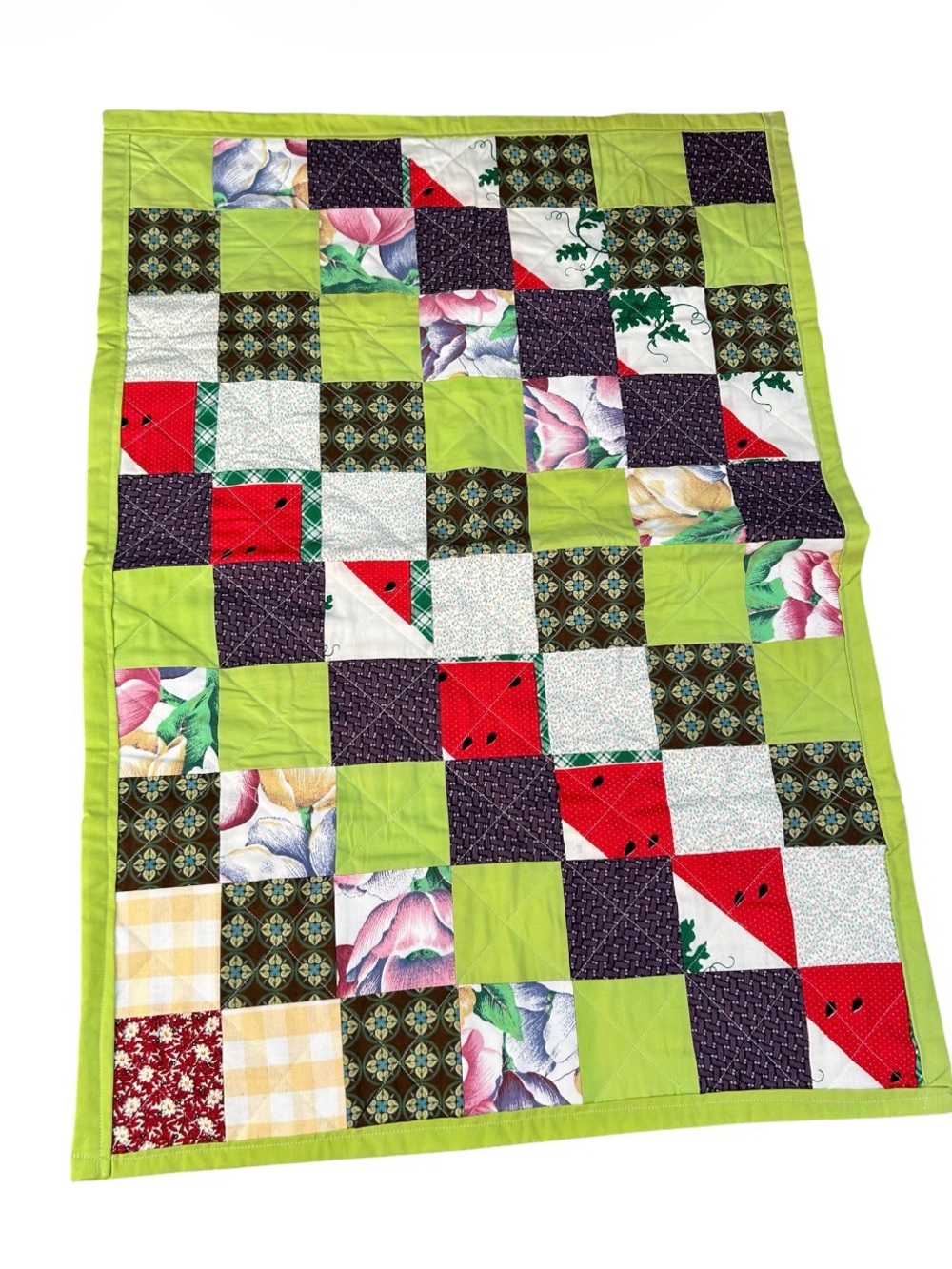 Handmade Green Patchwork Quilt - Floral & Geometric Design